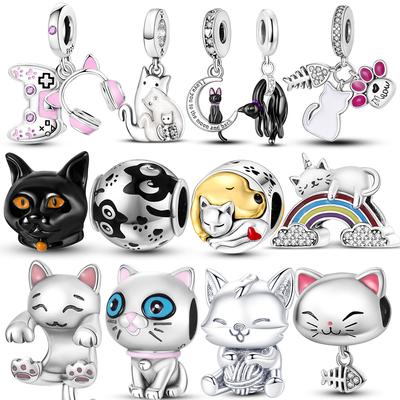 925 Sterling Silber Lazy Cat Collection Anhänger Charms Perlen Pfotenabdruck passendes Armband Geschenkschmuck