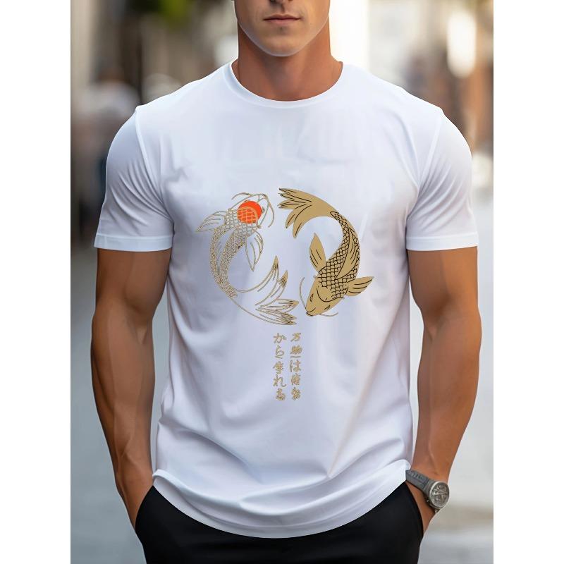

European sizes Men S Casual Crew Neck Tee Featuring a Navy Blue Color, Adorned with a Stylized Golden Koi Fish That Has an Orange Dot on Its Head 4XL білий