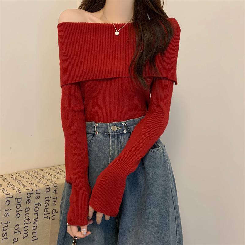 Pure Desire Autumn Knitted Sweater Women's New Niche One-word Shoulder Shirt Popular Long Sleeves
