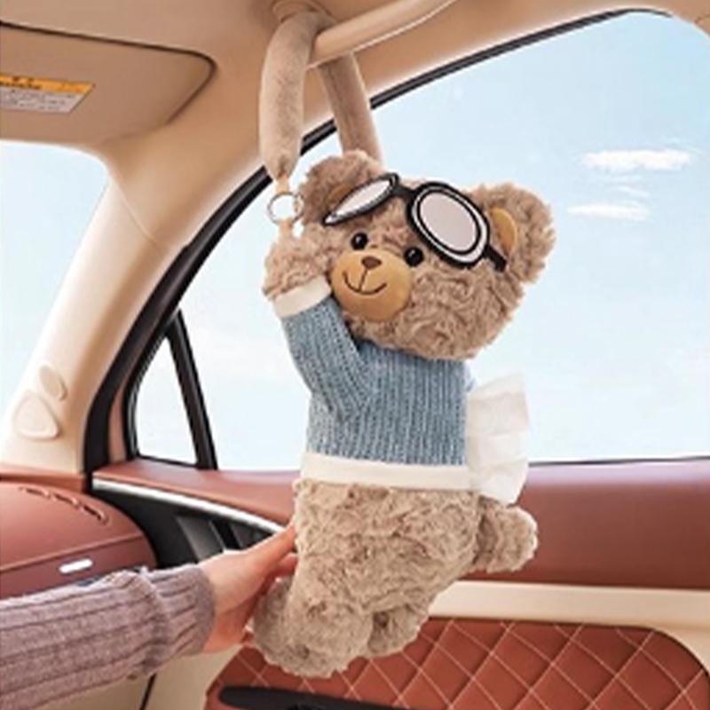 Cute Short Plush Eyeglass Bear Car Tissue Box Tissue Box Garbage Can 2-In-1 Creative Car Armrest Box Cardboard Box Car Interior