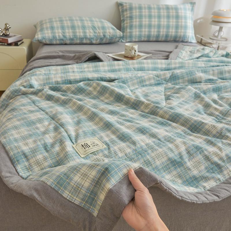 Plaid Print Washable Cotton Summer Cooling Quilt Lightweight Breathable Machine Washable for Student Dorms Single Double Beds Air Conditioner Rooms
