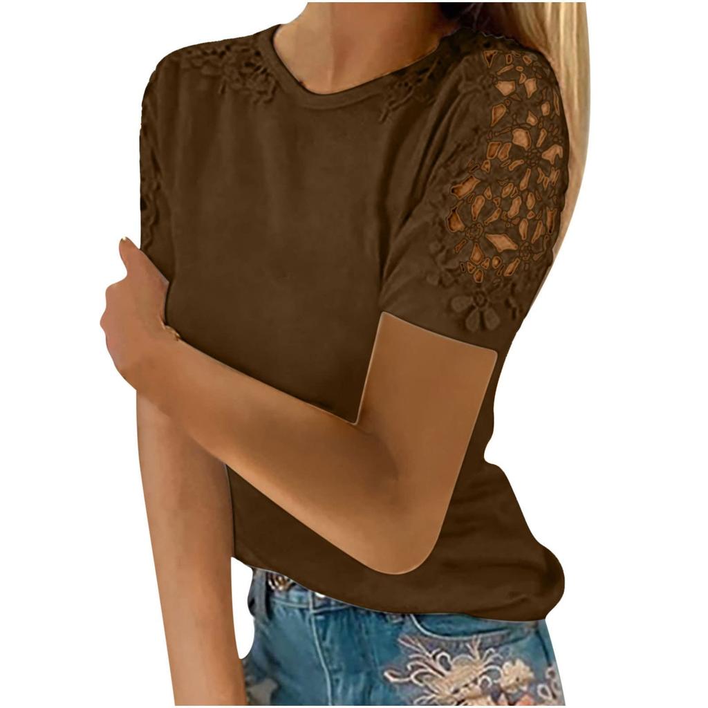 Women's Fashion Lace Hollow Colour Round Neck Short Sleeve T-ShirtTop