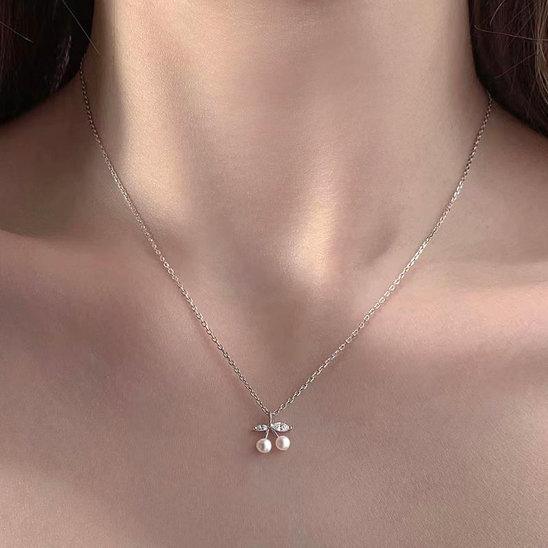Chic Small Cherry Pendant Necklace for Women Simulated Pearl Accessories for Engagement Ceremony Zirconia Jewelry Gifts