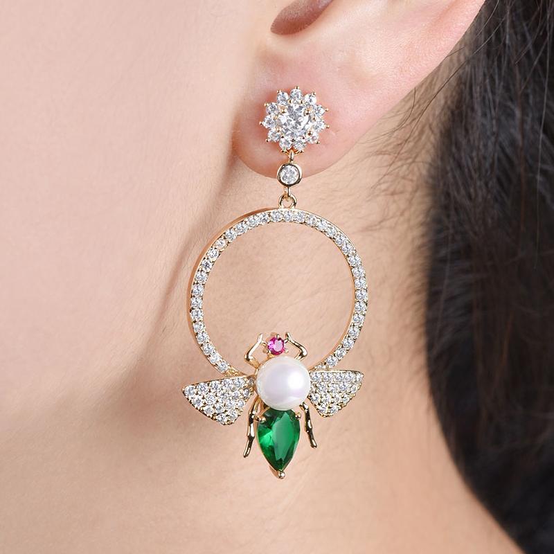 CMM Unique Bee Shape Circle Green Cubic Zirconia Drop Earrings