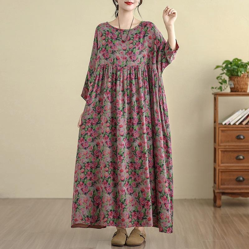 Plus Size Cotton Vintage Floral New In Dresses for Women Casual Loose Long Spring Autumn Dress