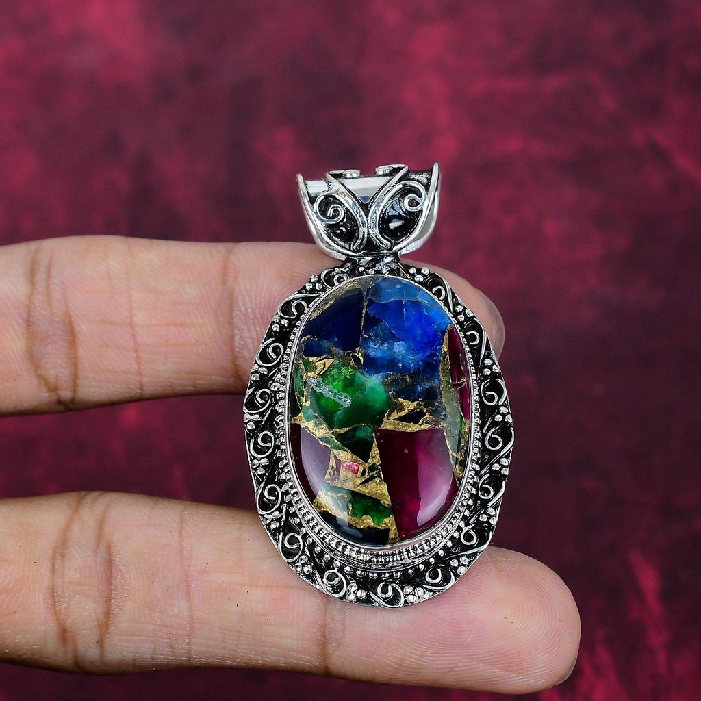 Multi Copper Turquoise Handmade Gemstone Pendant, 925 Solid Sterling Silver Pendant Beautiful Jewelry, Designer Pendant