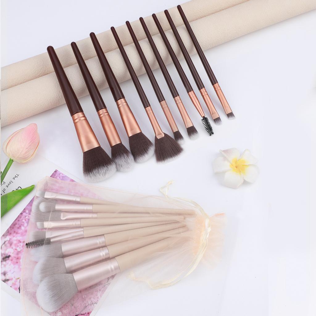 9 makeup brushes set, mesh sandbag, eye brush, loose powder brush, fan brush, highlight blush, detail brush, beauty tool.