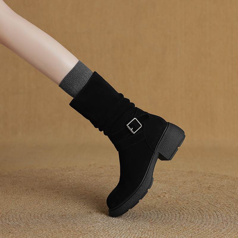 Krazing Pot Cow Suede Nubuck Pleated Decoration Autumn Winter Shoes Chunky Heels Size 43 Size 42 Round Toe Zipper Retro Fashion Mid-calf Boots