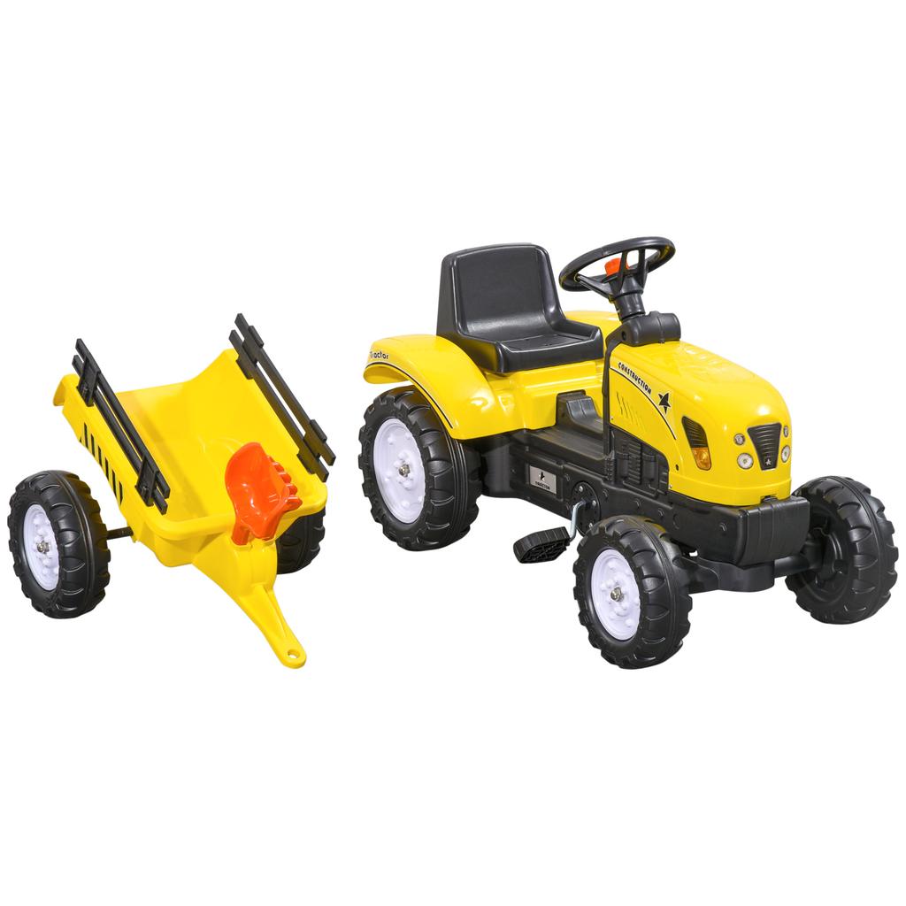Trattore a Pedali con Rimorchio, Attrezzi, Clacson, per Bambini dai 3 Anni, Telaio in Metallo, Nero-Giallo, 133 x 42 x 51 cm