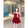 French One-word Shoulder Off-the-shoulder Red Dress Women's Summer New Small Beautiful Puffy Bud Dress