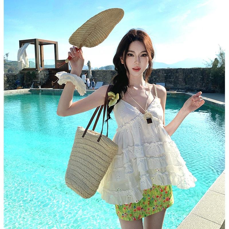 Vacation V-neck Suspender Embroidered Top Vest Women's Outer Wear Ruffle Edge Hollow Top Floral Skirt Set