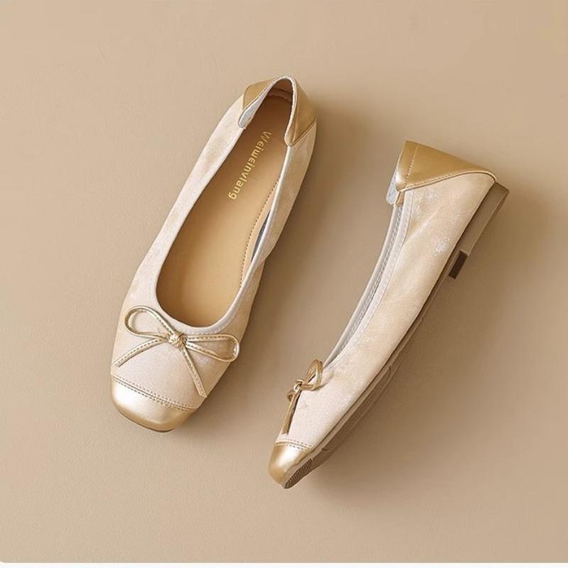 

Fashion single shoes women s autumn new flat bottom versatile bow soft sole light mouth silver Mary Jane shoes women 35 шампанского