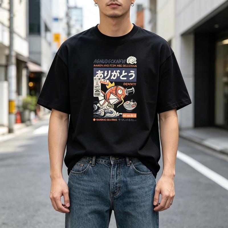 Cool Japanese RaUnisex Fish T Shirt Retro Food Art Print Unisex Loose Fit Cotton Crew Neck Top Y2k Top