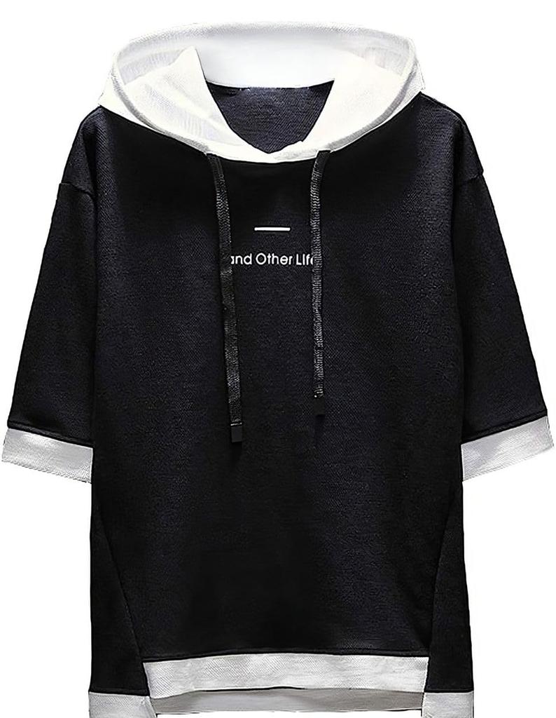 [foveitaa] Men's Summer T-Shirt, Short Sleeve, Solid Color, 5/8 Sleeve Hoodie, Stylish, Plus Size, Hooded, Loose Fit, Casual Pullover, Black, Size 2XL