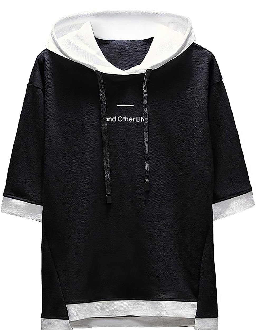 

[foveitaa] Men s Summer T-Shirt, Short Sleeve, Solid Color, 5/8 Sleeve Hoodie, Stylish, Plus Size, Hooded, Loose Fit, Casual Pullover, Black, Size 2XL