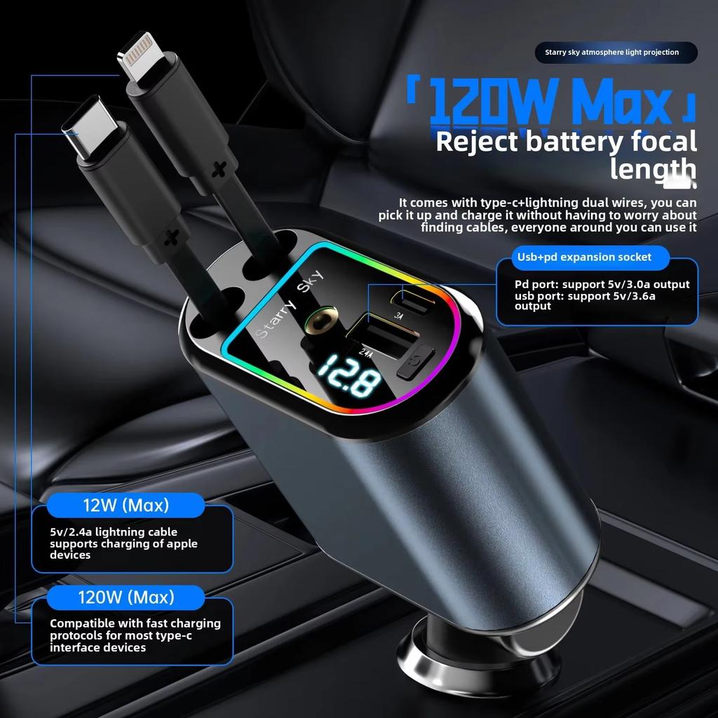 New Retractable 120W Car Charger Starry Sky Top Projection Light Four-In-One Type-C+Lightning Dual Wires Usb+Pd Expansion Socket