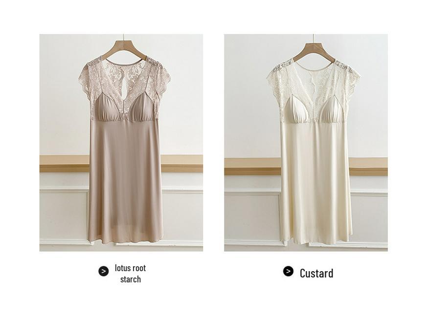 French Ice Silk Nightgown with Built-in Bra, Cool Silky Touch, Short Sleeve, Lightweight Home Wear, Sexy Pajamas