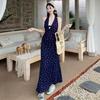 Lace Splicing Floral Neck Dress Women's Summer New Holiday Style Waist A Word Small Long Dress