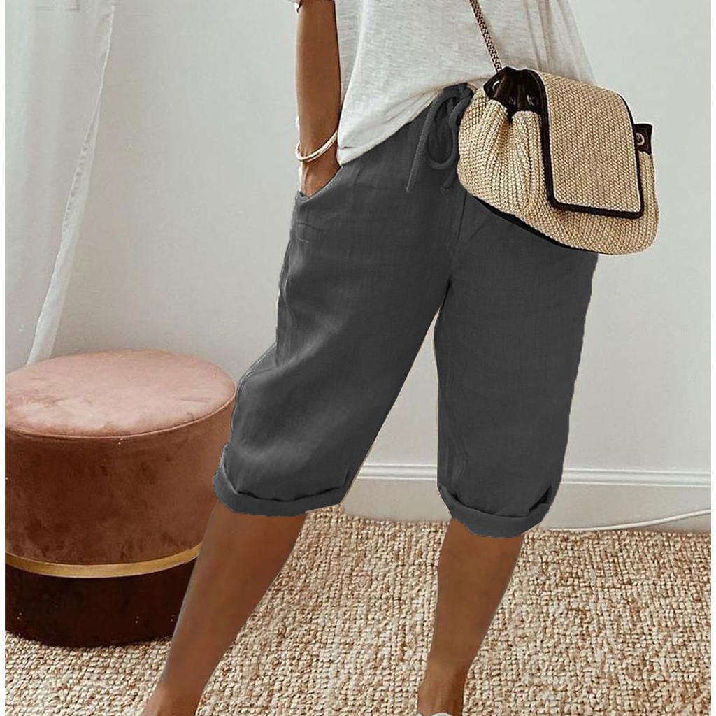 Spring Summer Vintage Solid Lace Up Women's Cotton Linen Pants Elastic High Waist Wide-Leg Shorts with Pocket Streetwear Ladies Pants