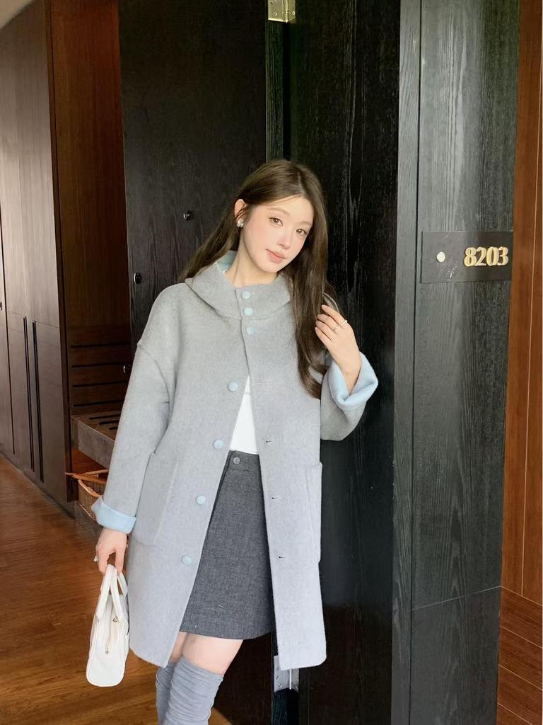 Reversible Korean Style Hooded Long Wool Coat, Light Colors, Thick Double-Faced Wool, Loose Fit, Slimming, High-End Outerwear.