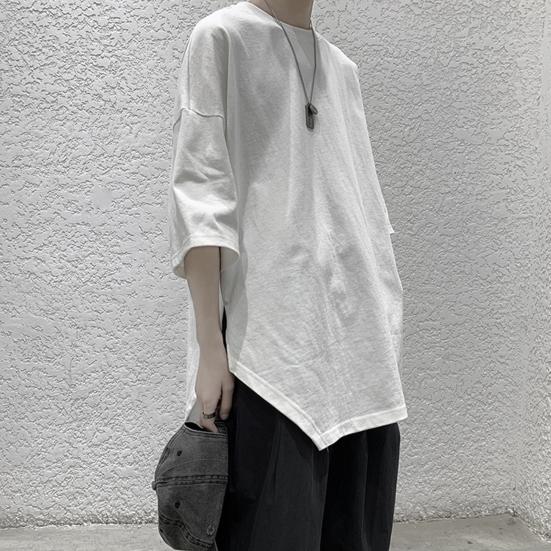 Men T-shirt Solid Color Simple Casual Young Style Friendly to Skin Round Neck Loose Split Hem Half Sleeves Summer Tops Men Clothes