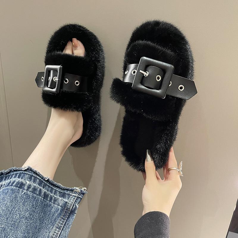 Thick-bottomed fluffy slippers for women to wear outside autumn and winter new versatile fairy wind belt buckle cotton mop