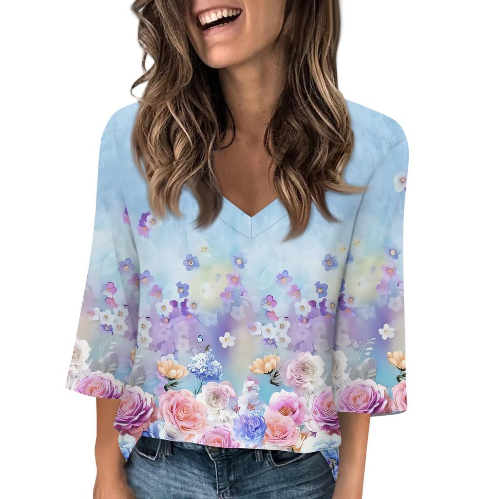 Women's V Neck 3/4 Sleeve Tops Casual T Shirts Basic Summer Tees Loose Pullover Top
