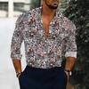 Camisa de Hombre con Cuello Estampado Floral Azul Blanco Diminuto por Todas Partes Manga Larga Botones
