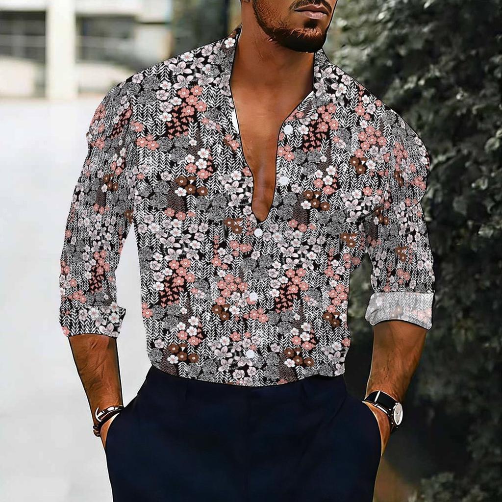 Camisa de Hombre con Cuello Estampado Floral Azul Blanco Diminuto por Todas Partes Manga Larga Botones
