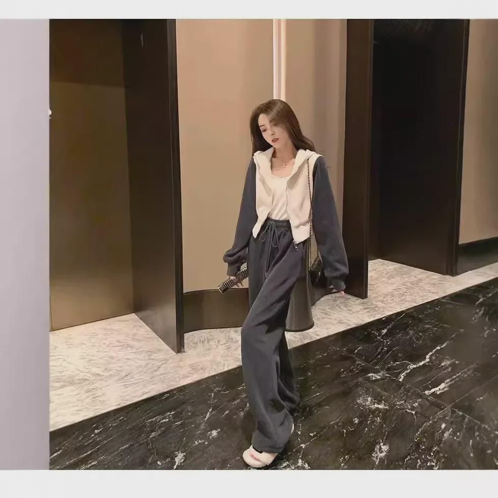 Women's Autumn Fashion Slim-Fit Sweatshirt & Wide-Leg Pants Two-Piece Set