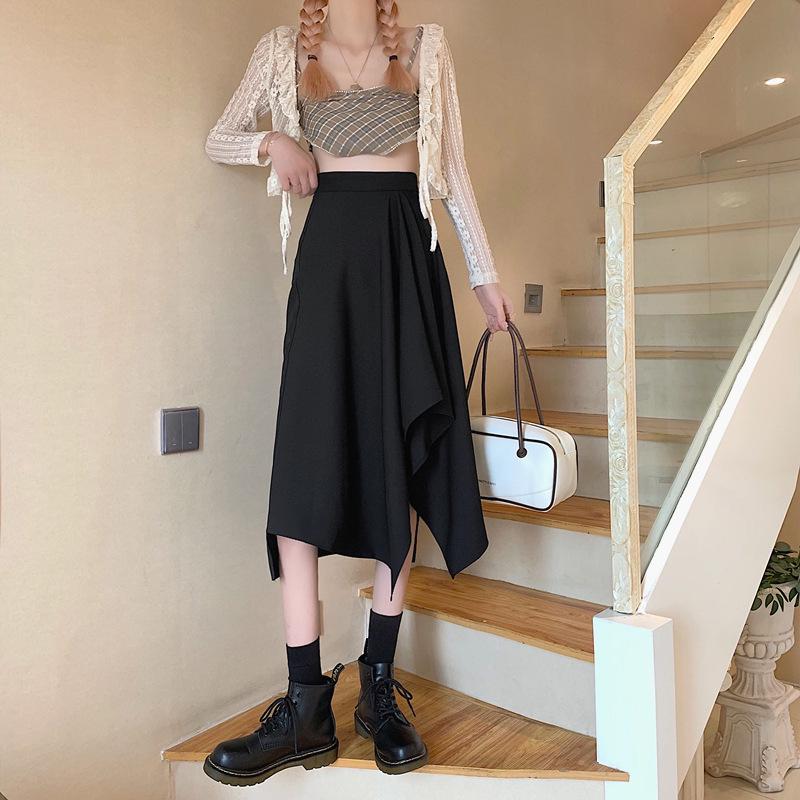 High Waist Irregular A-Line Midi Skirt - Summer Draping Slit for Petite Women