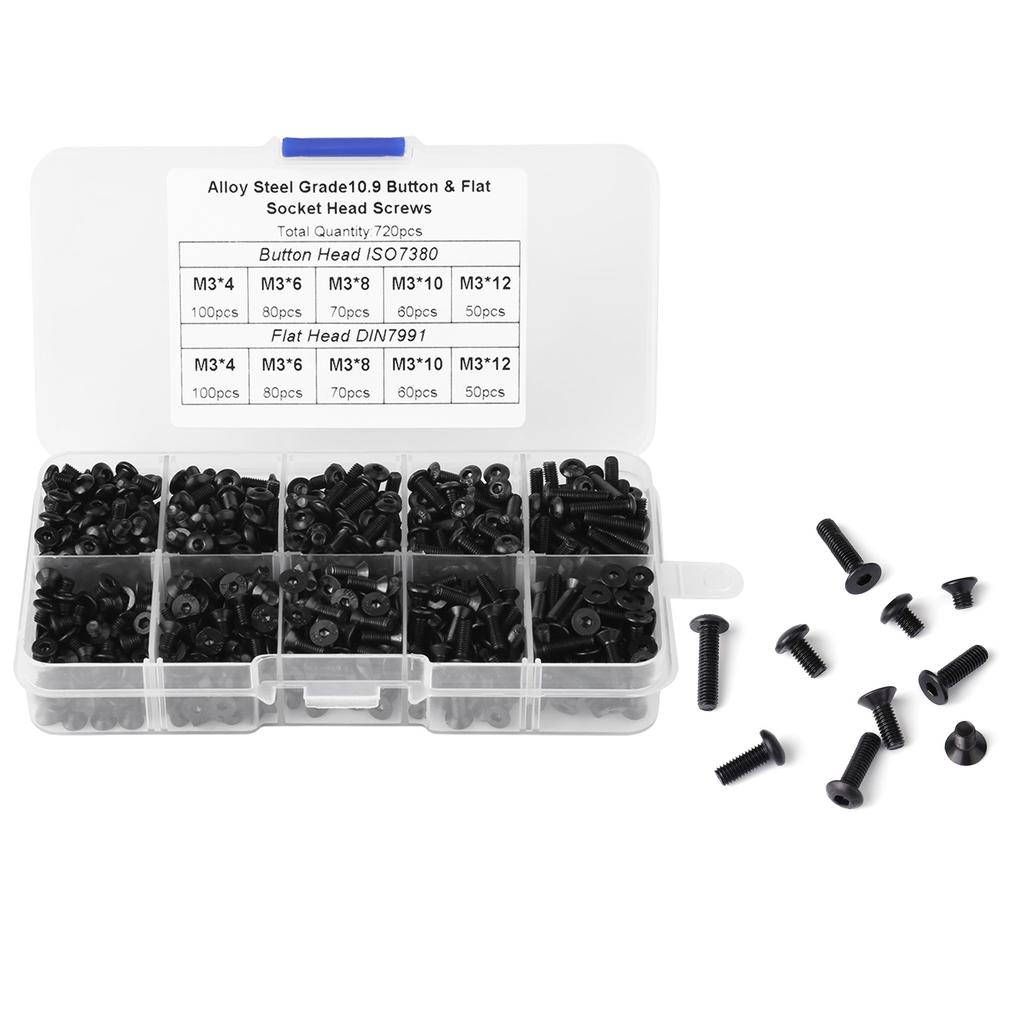 720pcs M3*4 6 8 10 12 Black Alloy Steel Flat Head Hex Socket Screws with Plastic Box
