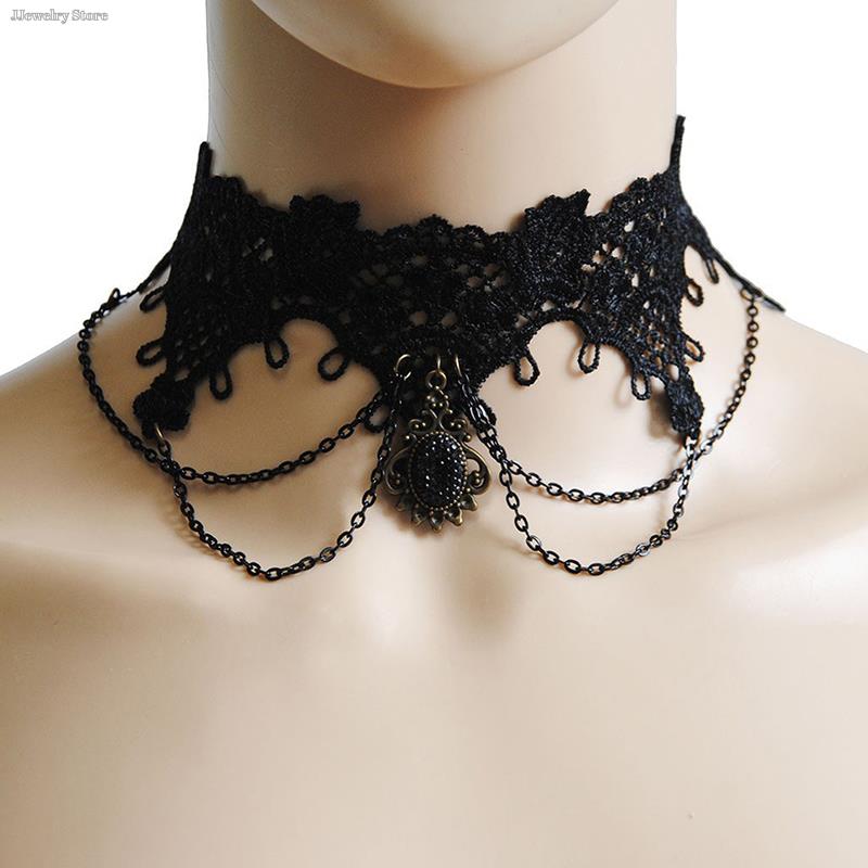 1pc Gothic Chokers Black Lace Flowers Sexy Lace Neck Choker Necklace Vintage Tassel Chain Women Steampunk Halloween Jewelry