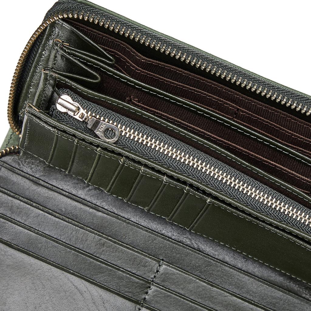 Maya Berry Round Zipper Long Wallet Bundle Holder Card Holder Coin Purse Dyed Italian Leather Green [Lee] "MAYA" 320-1755
