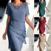 Women's Summer Elegant Chiffon Midi Dress Round Neck Short Sleeve Layered Slim Fit Formal Evening Party Dress
