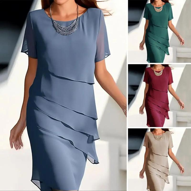 Women's Summer Elegant Chiffon Midi Dress Round Neck Short Sleeve Layered Slim Fit Formal Evening Party Dress