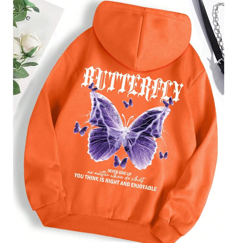 Beautiful Purple Butterfly Printing Hoodies Women Fleece Pocket Hoody Simple Casual Hoodie Autumn Loose Female Streetwear
