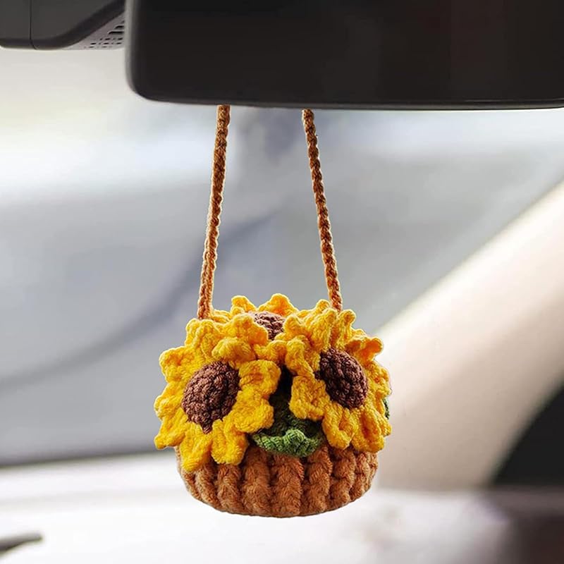 Cute Crochet Plant for Rear View Mirror, Boho Handmade Car Mirror Hanging Accessory for Women & Girls, Green Interior Aesthetic Decor Truck Hanger