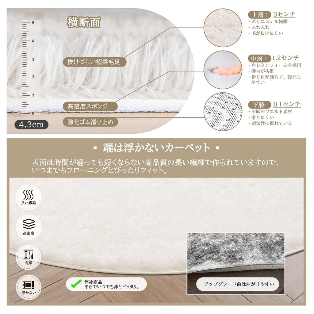 Beddiny Washable Rug Extra Thick 30D Urethane with Unique Antibacterial and Deodorizing Comfortable for All Shag 185x185cm [Middle Layer High-Density