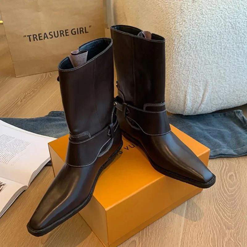 2025 Hot Sale Women's Shoes Mid-Calf Women's Boots Elegant Modern Boots Women Buckle Pointed Toe Slip on Low Heel Shoes Women