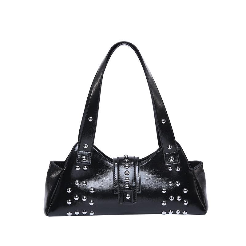 New Personalized Street Punk Style Oil Wax Leather Underarm Bag Spice Girl Style Versatile Trendy Cool Rivet Shoulder Bag