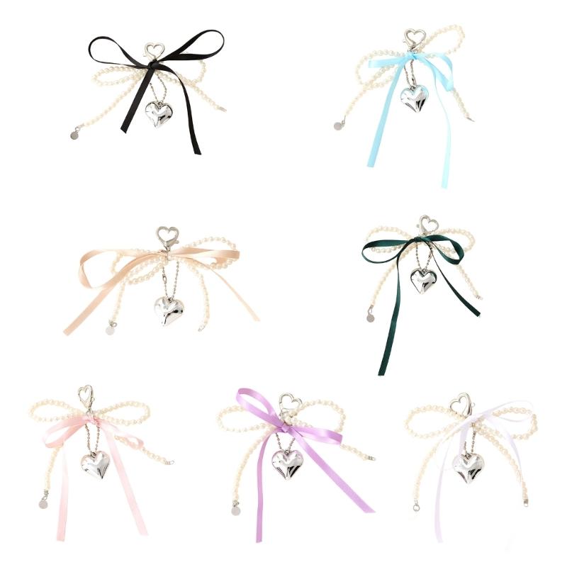 Elegant Pearls Bows Bag Pendant Practical Keychain Heart Shape Phone Ornament Keyring for Purse Handbag Decoration