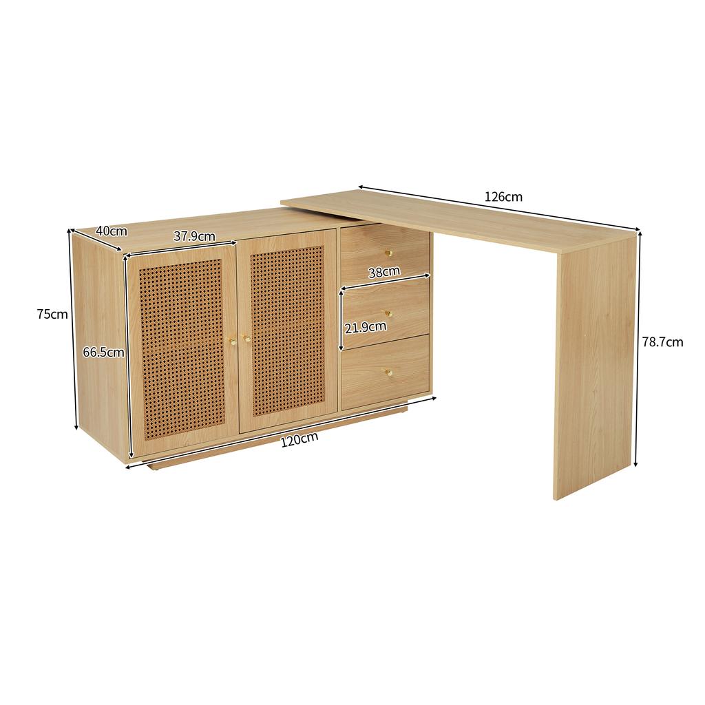 Desk, L-Shaped Corner Table, Computer Table with Rattan Doors, Dressing Table, White 126 cm