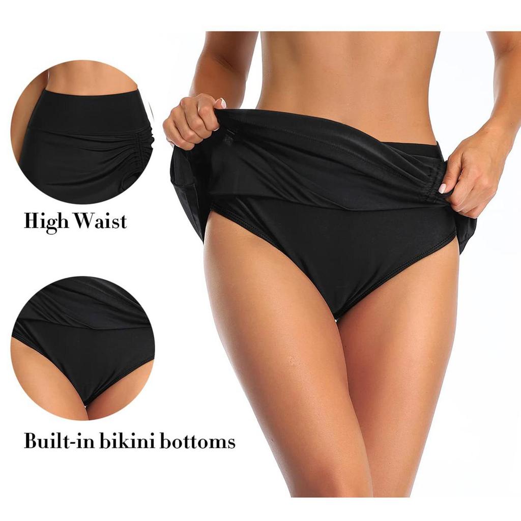 Women's Fashion Sexy Solid Color High Waist Pleated Slit Drawstring Swimming Briefs Double Skirt Swimming Trunks