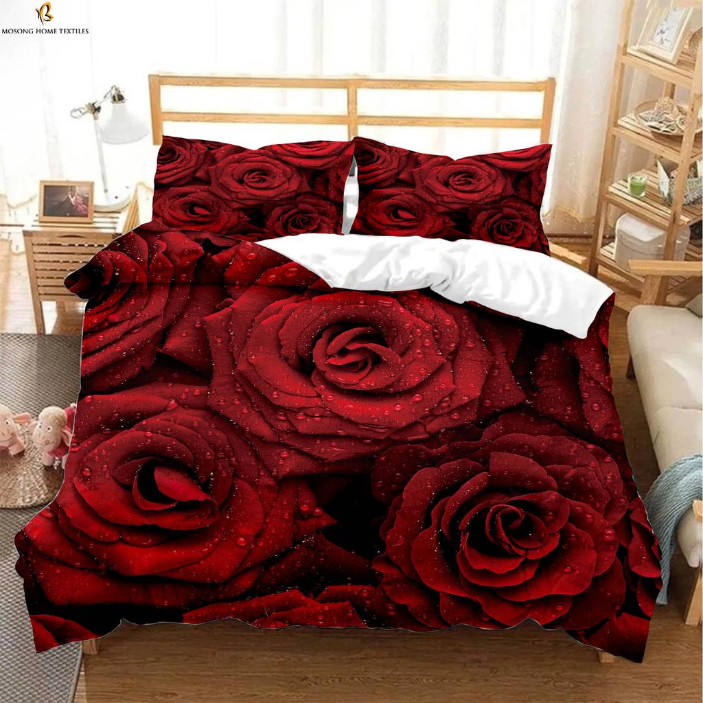 Vintage Wine Red Rose Print Quilt Cover Bedding Set Quilt Cover Pillowcase Romantic Valentine's Day Gift Three-Piece Set