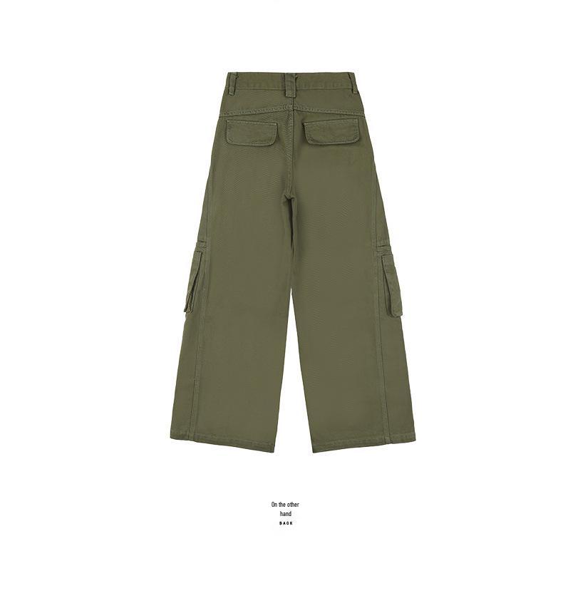 Women's Army Green Loose Cargo Jeans - Spring Style, Slim Fit, Wide Leg, Large Pockets