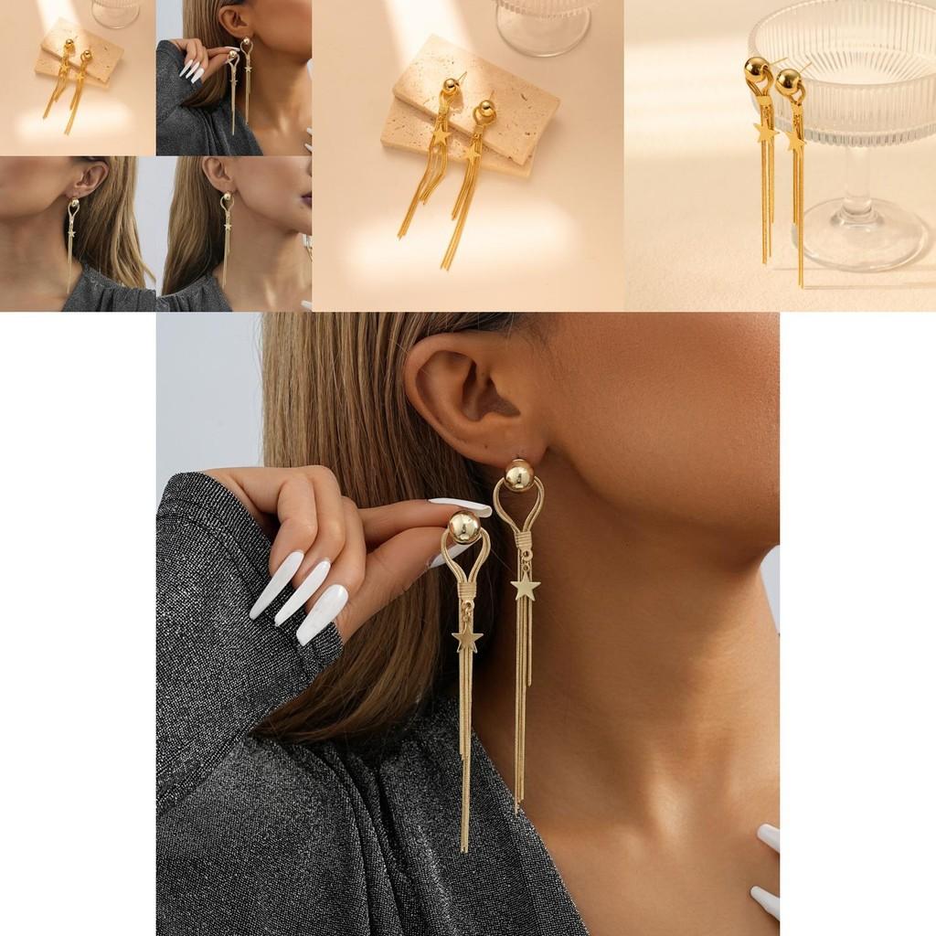 Trendy Gold Star Drop Earrings For Women Fashionable Asymmetric Tassel Style