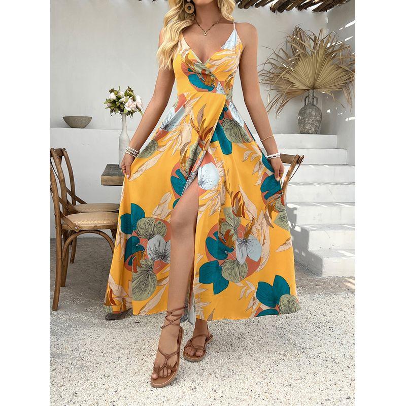 

Fashion Large Flower Pattern Sexy Sexy Deep V Neck Fitted Waist Backless Split Sleeveless Sling Dress Long Dress Dress Dress Yellow(Figure) 2XL