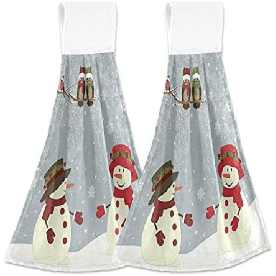 Winter Snowman Owl Kitchen Towels Christmas Snowflake Bathroom Hand Towel Hanging Tie Towel with Loop 2PCS, Soft Absorbent Dish Cloth Fingertip Towel