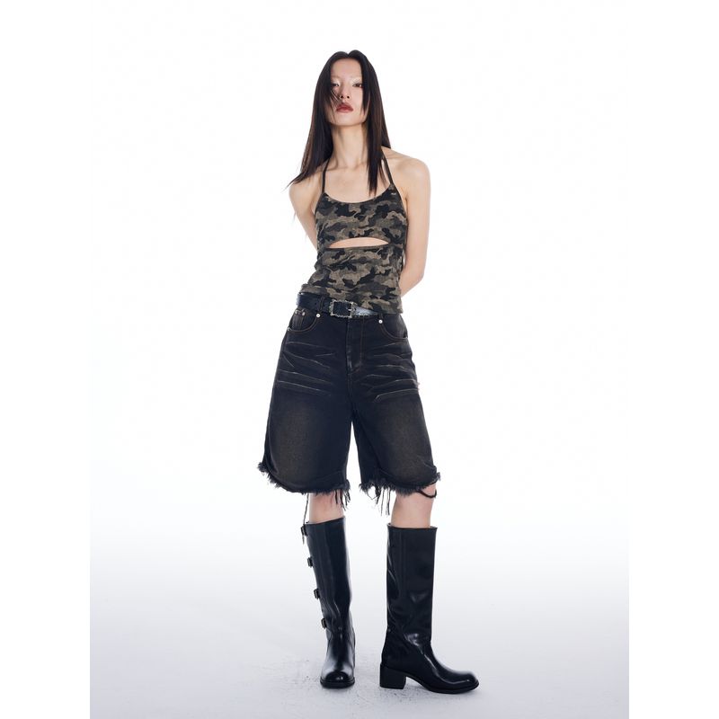 Thelight2024 American Retro Camouflage Middle Hollow-out Halter Strap Camisole Sweet Cool Sexy Female New